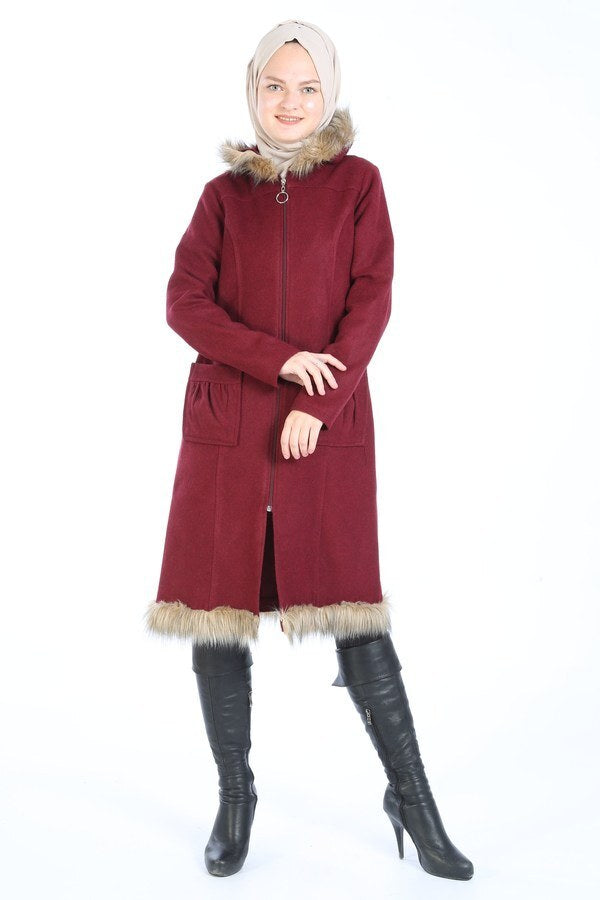 Women's Fur Detail Claret Red Cachet Jacket