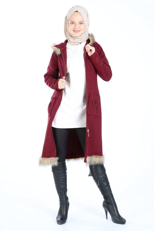 Women's Fur Detail Claret Red Cachet Jacket