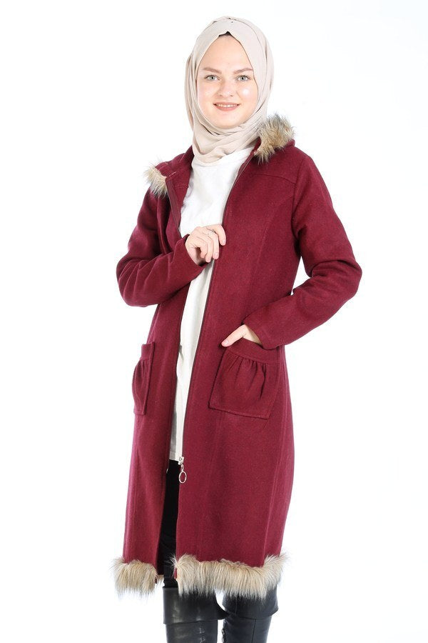 Women's Fur Detail Claret Red Cachet Jacket