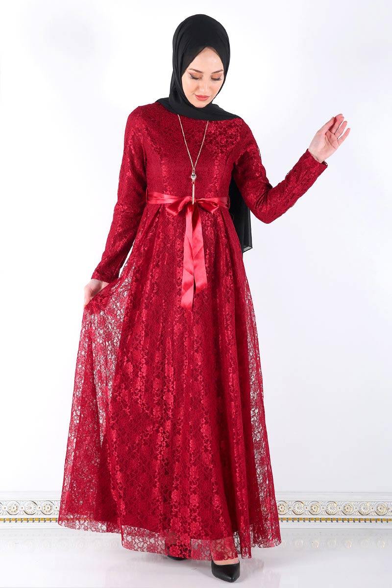 Women's Necklace Accessory Red Lace Long Evening Dress