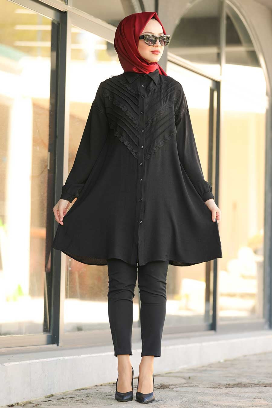 Women's Lace Detail Black Modest Tunic