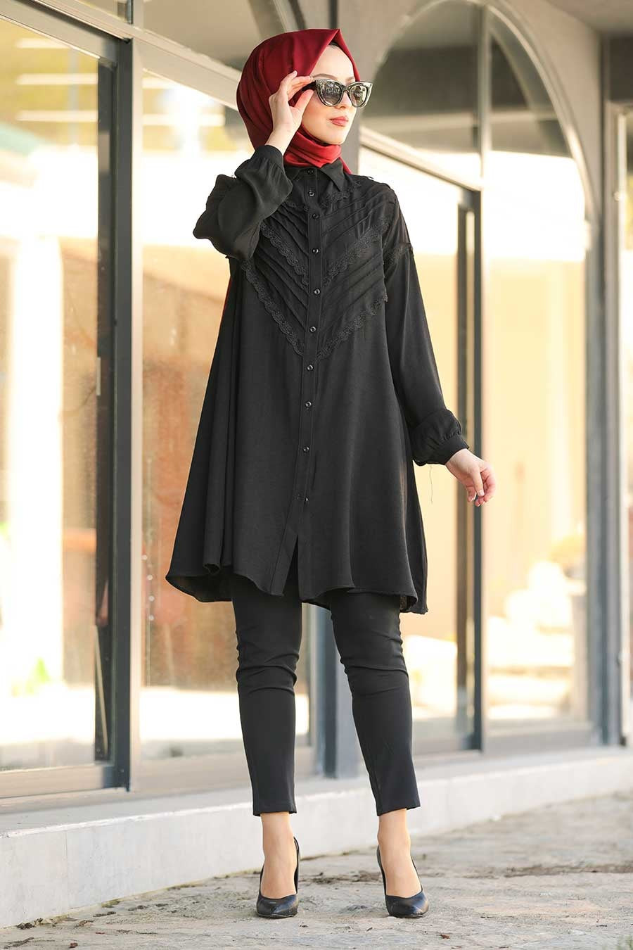 Women's Lace Detail Black Modest Tunic