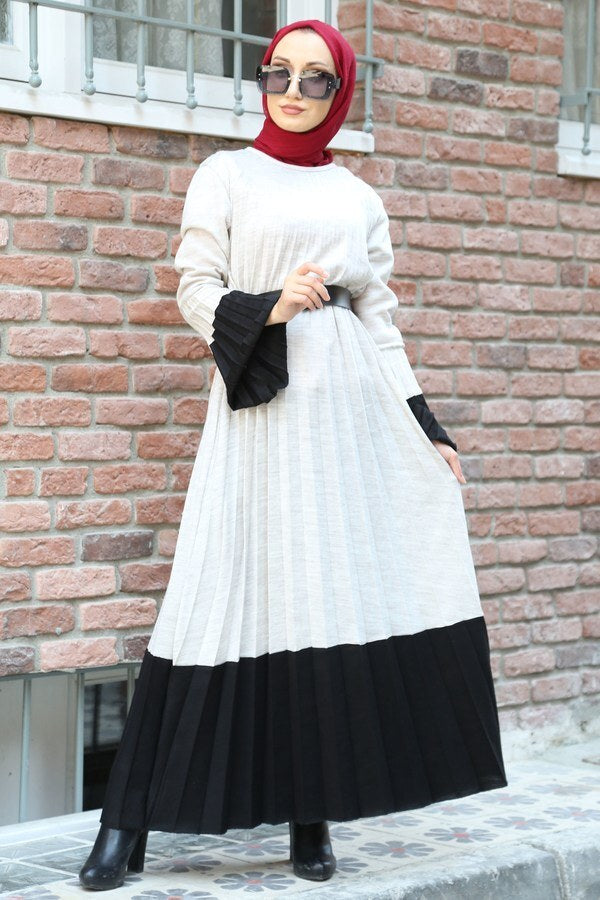 Women's Belted Pleated White Tricot Long Dress