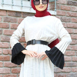 Women's Belted Pleated White Tricot Long Dress