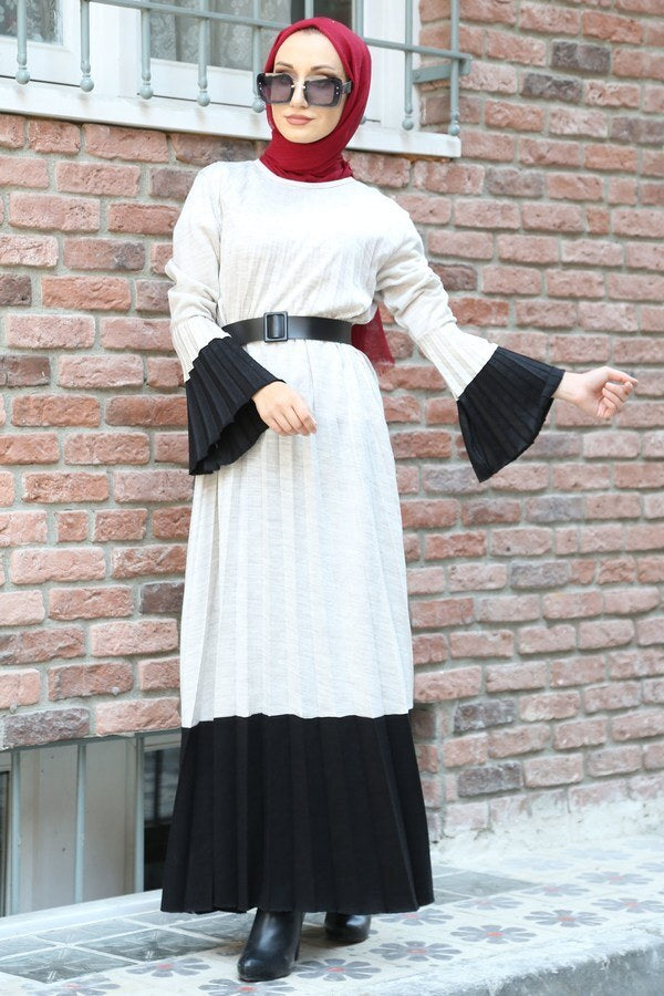 Women's Belted Pleated White Tricot Long Dress