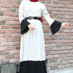 Women's Belted Pleated White Tricot Long Dress