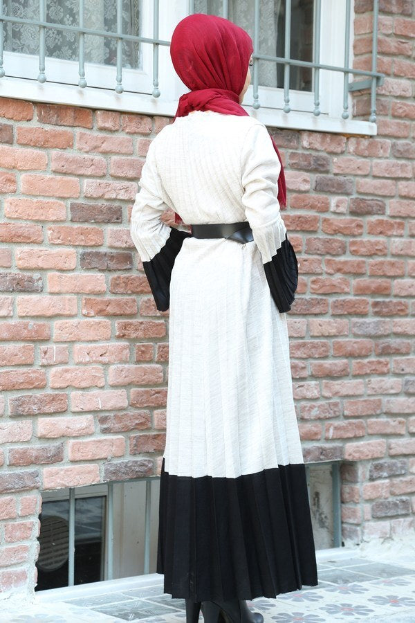 Women's Belted Pleated White Tricot Long Dress