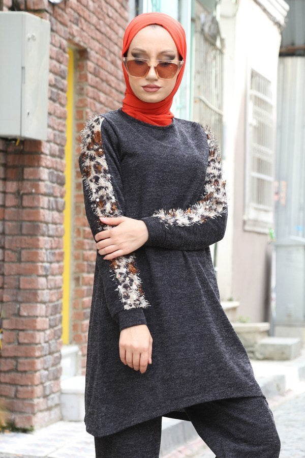 Women's Leopard Pattern Anthracite Modest Sweat Suit