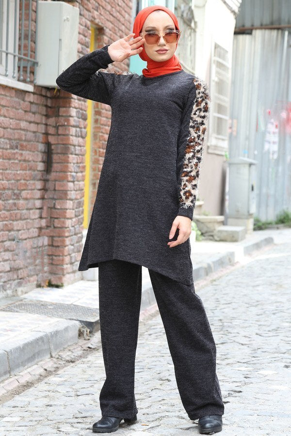 Women's Leopard Pattern Anthracite Modest Sweat Suit