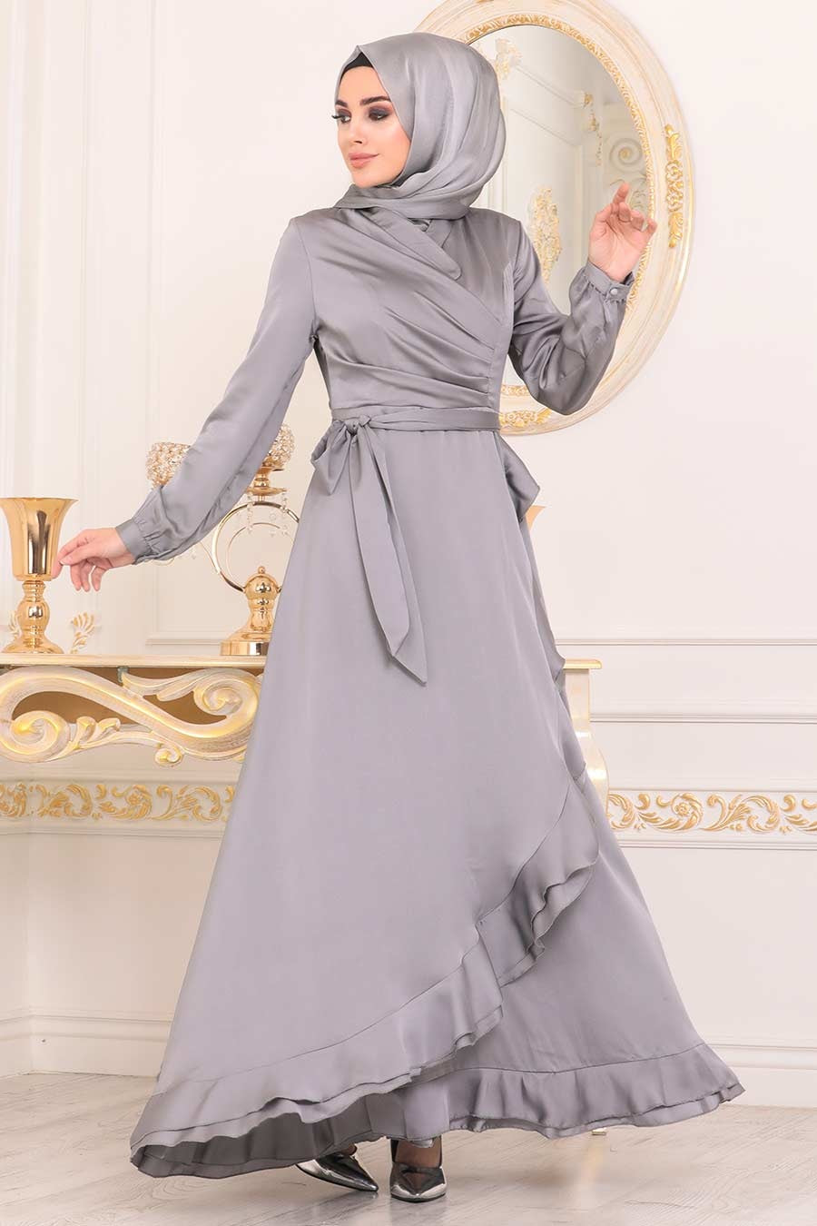 Women's Grey Modest Evening Dress