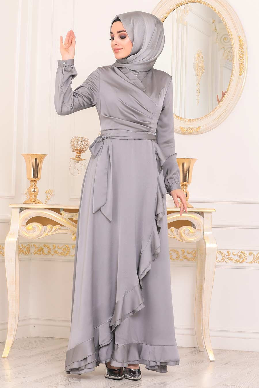 Women's Grey Modest Evening Dress